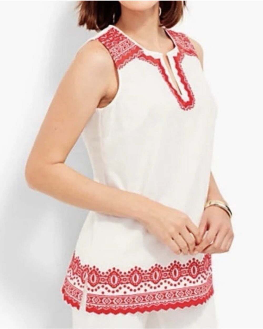 Talbots Tunic Top Womens XS White Red Embroidered V Neck Sleeveless Cotton